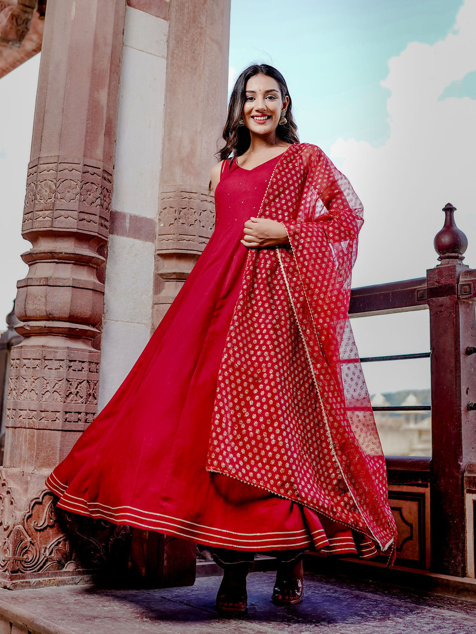 Women's Ornamental Maroon Flared Anarkali Set