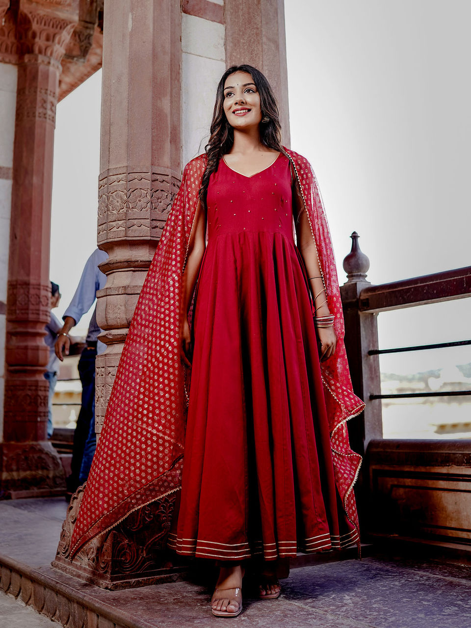 Women's Ornamental Maroon Flared Anarkali Set