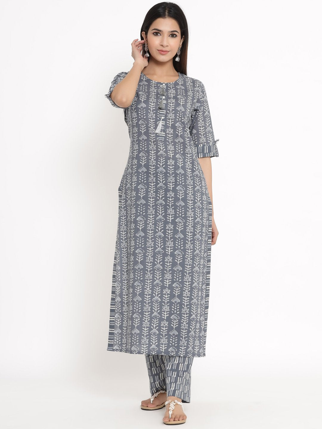 Women's Printed Cotton Fabric Kurta & Palazzo Set Grey Color