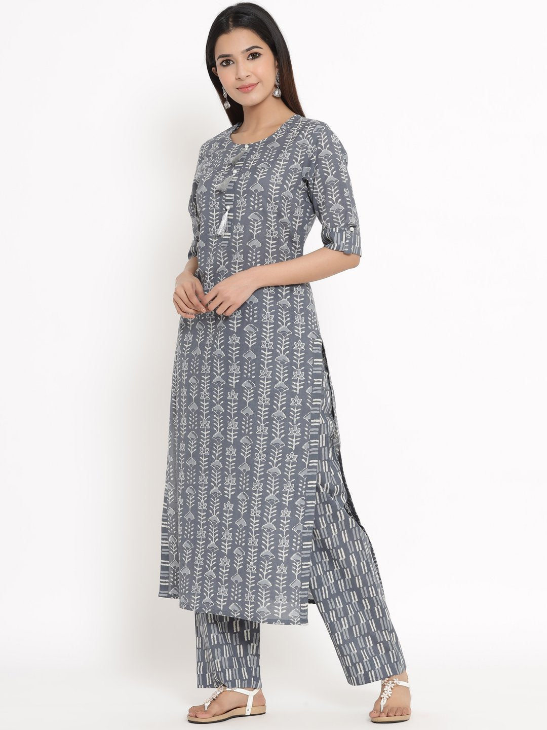 Women's Printed Cotton Fabric Kurta & Palazzo Set Grey Color