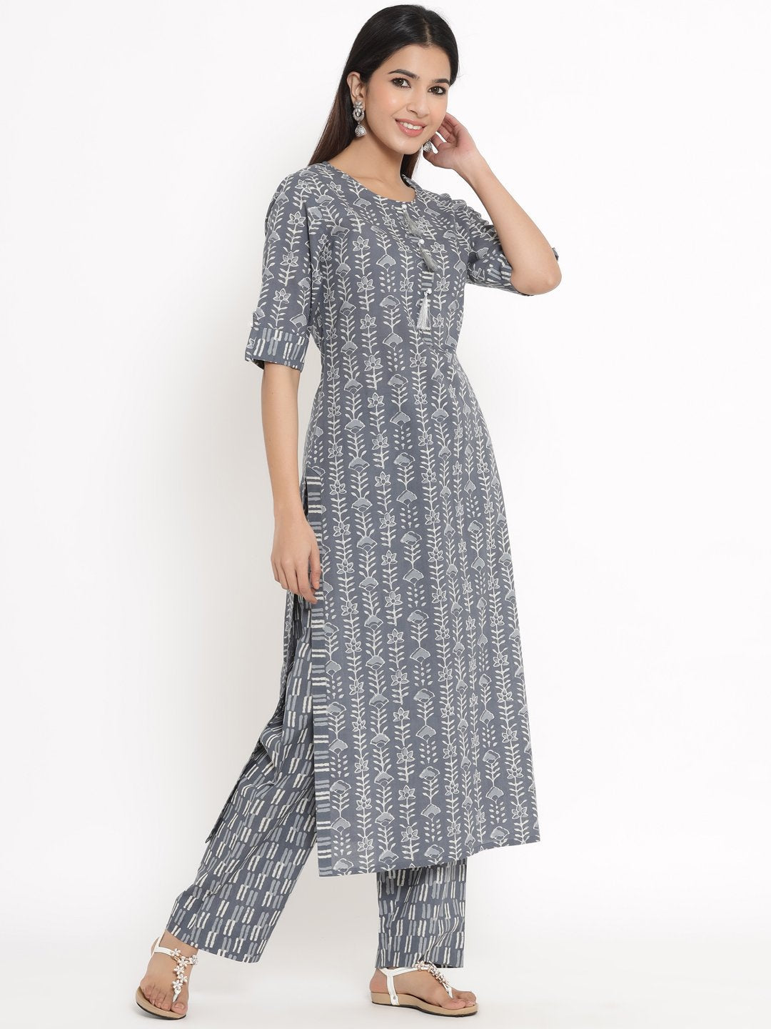 Women's Printed Cotton Fabric Kurta & Palazzo Set Grey Color