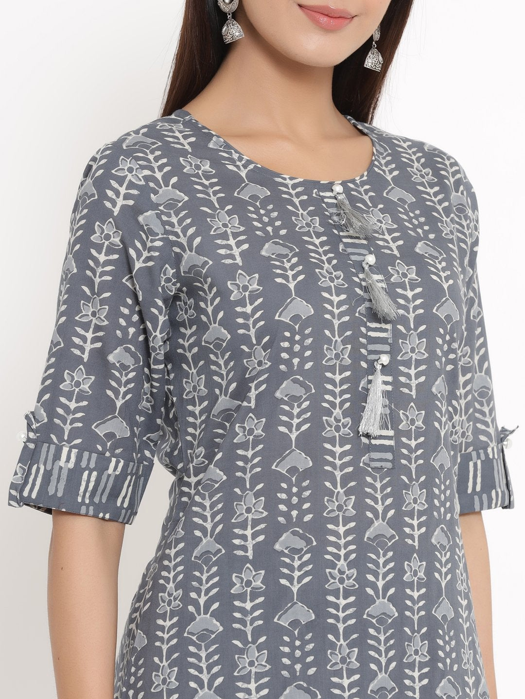 Women's Printed Cotton Fabric Kurta & Palazzo Set Grey Color