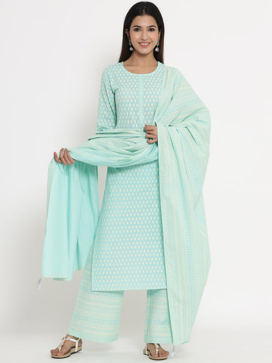 Women's Light Blue Kurta & Palazzo set by - (3pcs set)