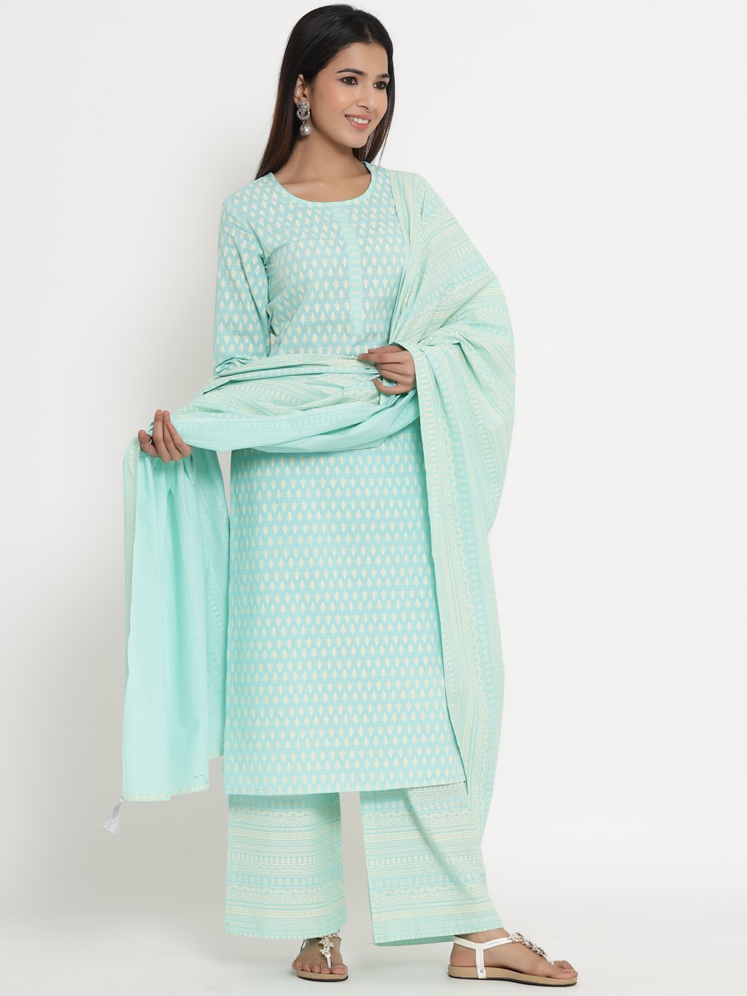 Women's Light Blue Kurta & Palazzo set by - (3pcs set)