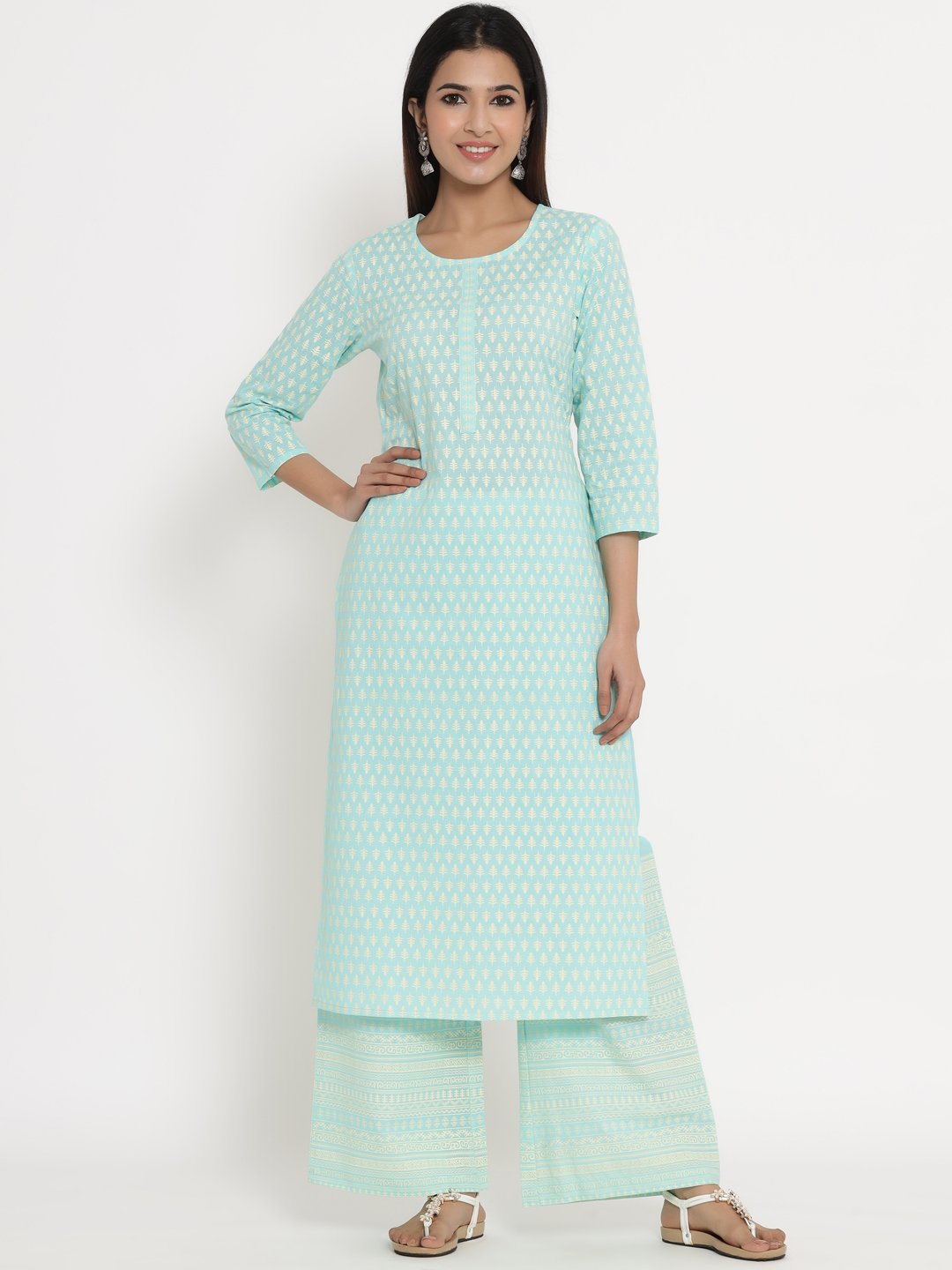 Women's Light Blue Kurta & Palazzo set by - (3pcs set)