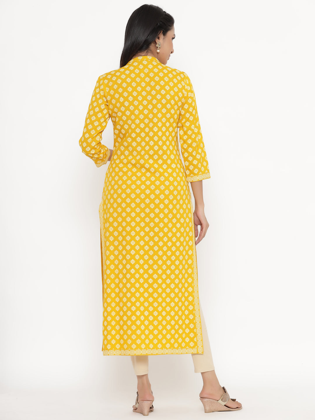 Women's Self Desgin Rayon Fabric Straight Kurta Yellow Color