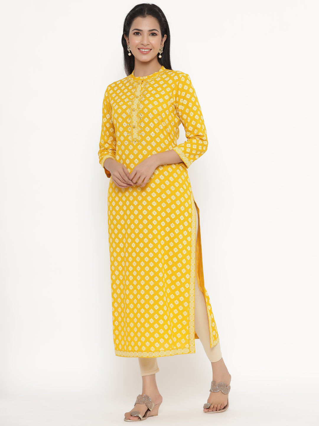 Women's Self Desgin Rayon Fabric Straight Kurta Yellow Color