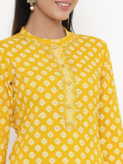 Women's Self Desgin Rayon Fabric Straight Kurta Yellow Color