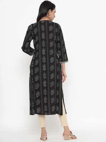 Women's Self Desgin Rayon Fabric Straight Kurta Black Color