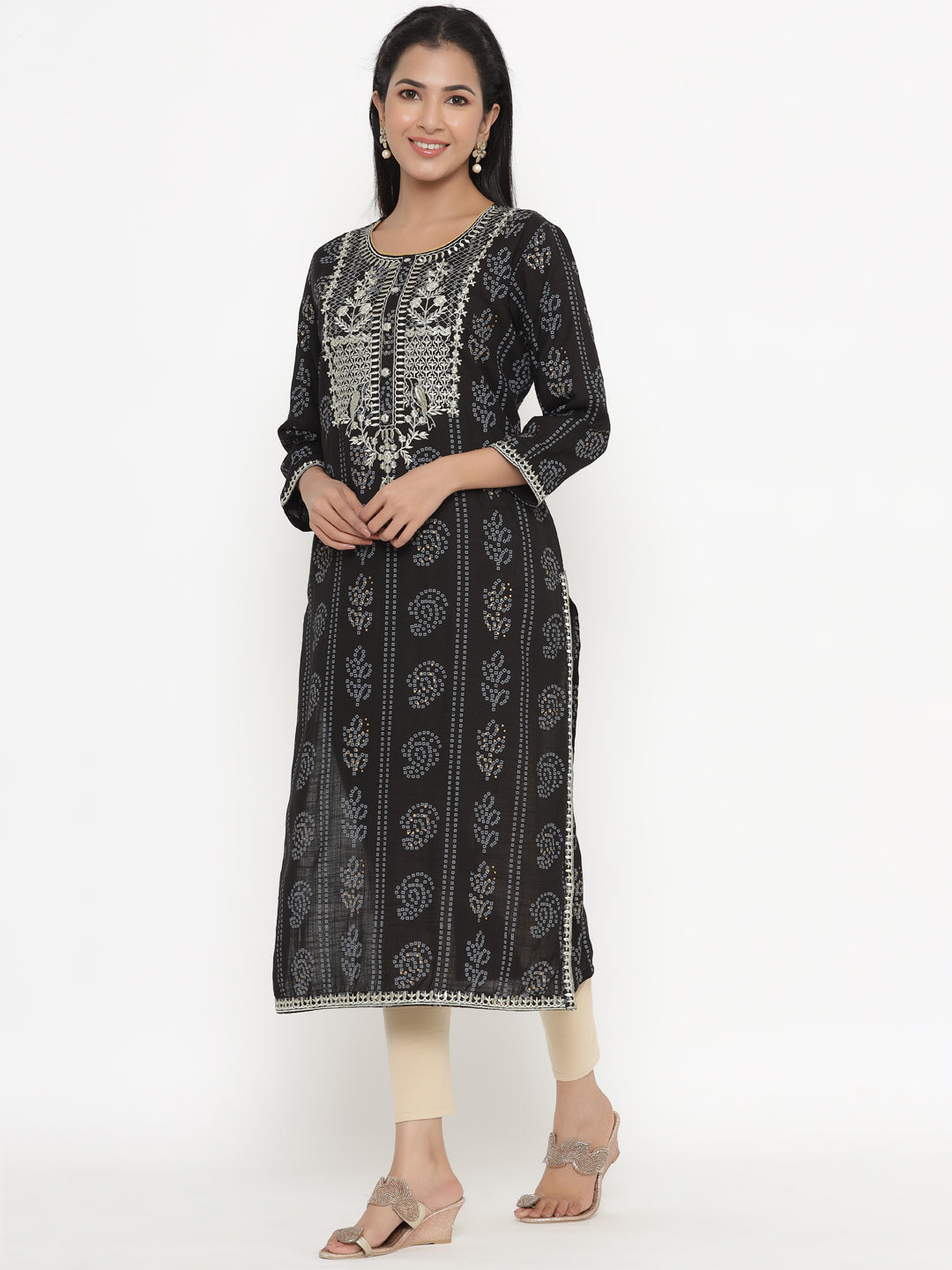 Women's Self Desgin Rayon Fabric Straight Kurta Black Color