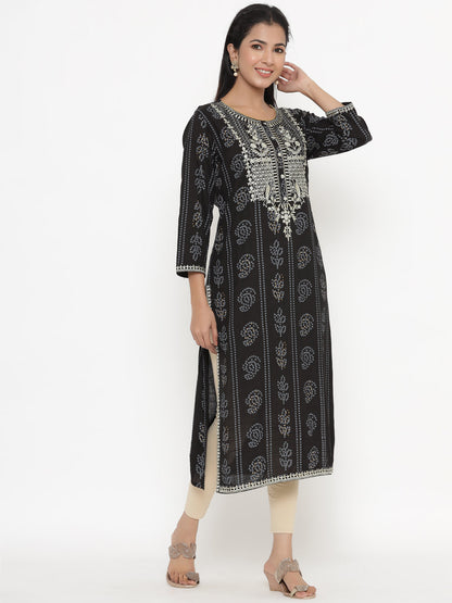 Women's Self Desgin Rayon Fabric Straight Kurta Black Color