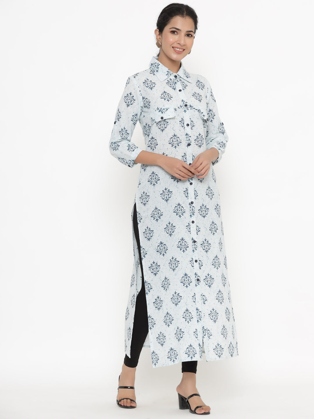 Women's Self Desgin Cotton Fabric A-Line Kurta Blue Color