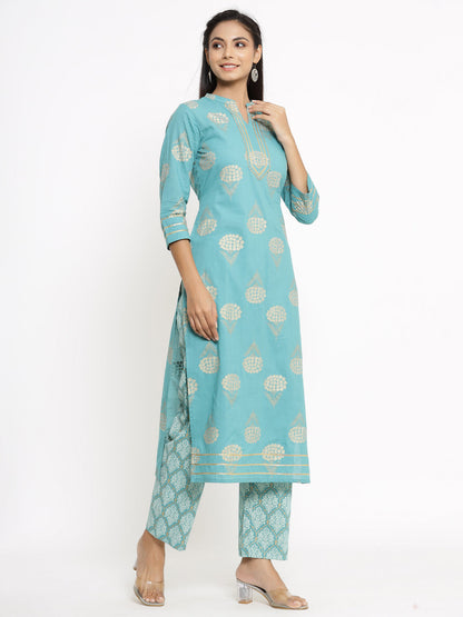 Women's Blue Kurti with Palazzo set by - (2pcs set)