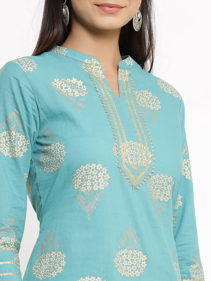 Women's Blue Kurti with Palazzo set by - (2pcs set)