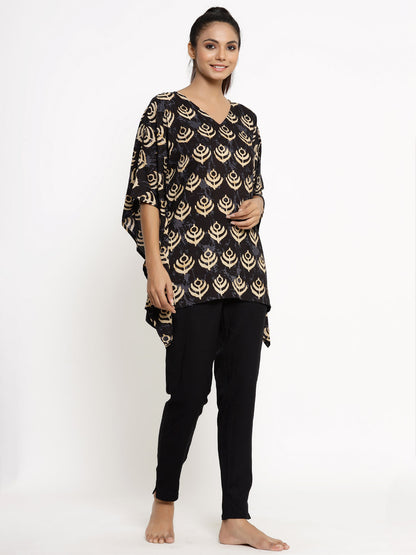 Women's Self Desgin Rayon Fabric Kaftan & Pant Black Color