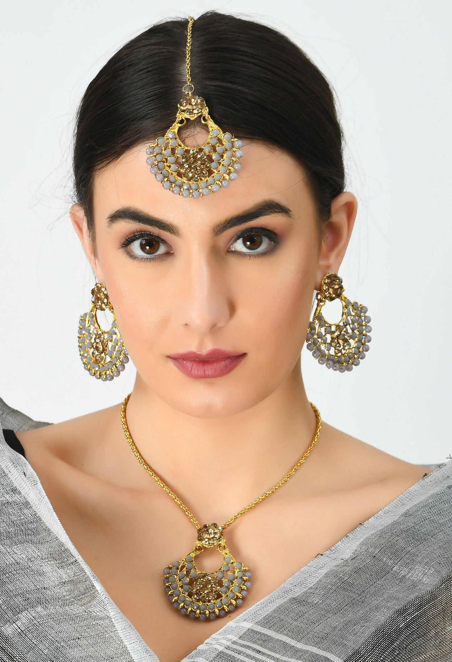 Grey Color Pearls Necklace with Earrings & Tikka Mangalsutra Jkms_078