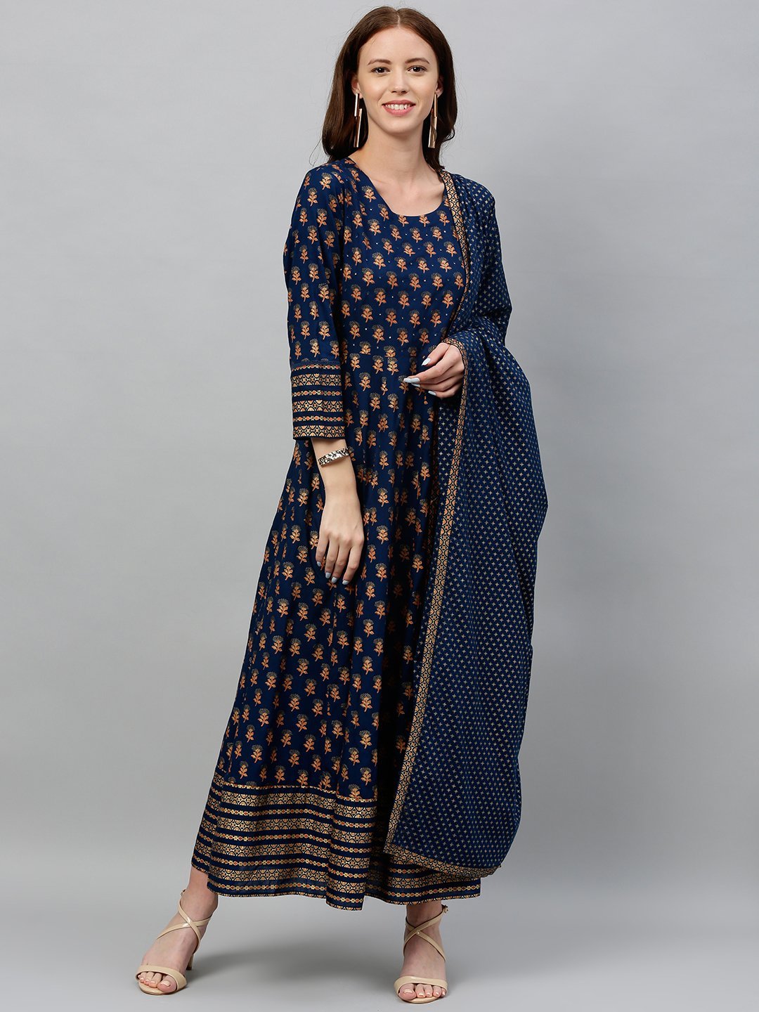 Women's Foral Printed Anarkali Kurta & Dupatta Set Blue Color With Waist Tie-Up Detail