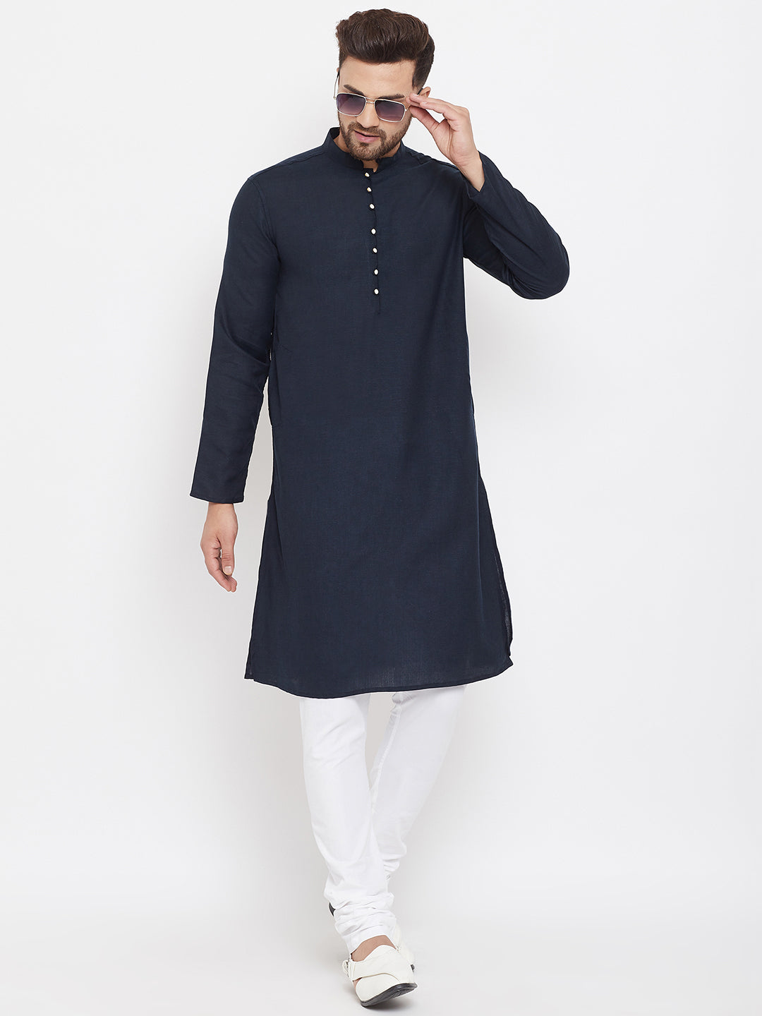 Men's Solid Navy Blue Placket Detail Cotton Kurta