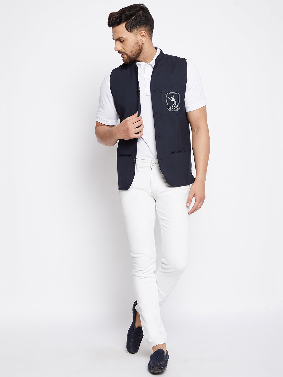 Men's Blue Woven Design Nehru Jacket