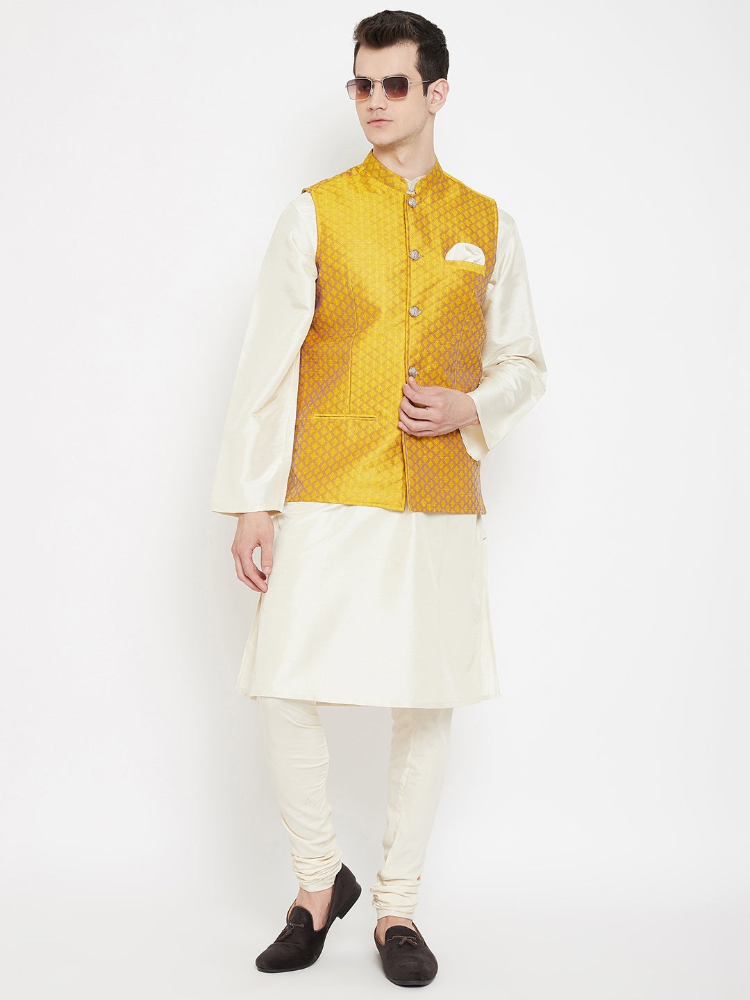 Men's Jacquard Yellow Silk Nehru Jacket