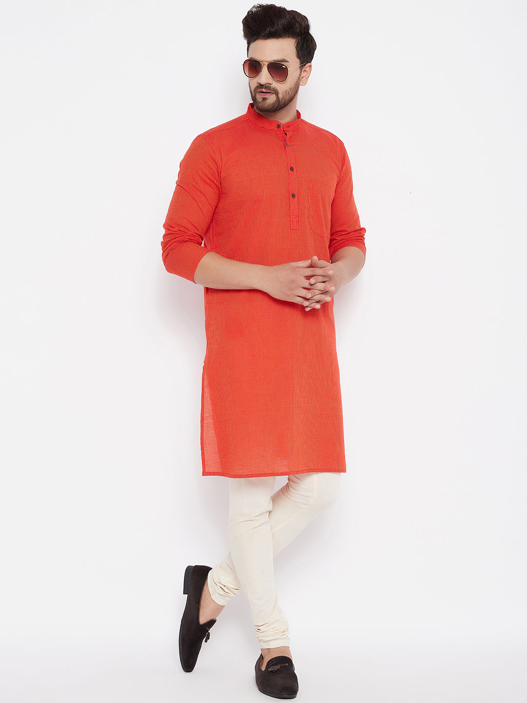 Men's Pure Cotton Striped Orange Kurta