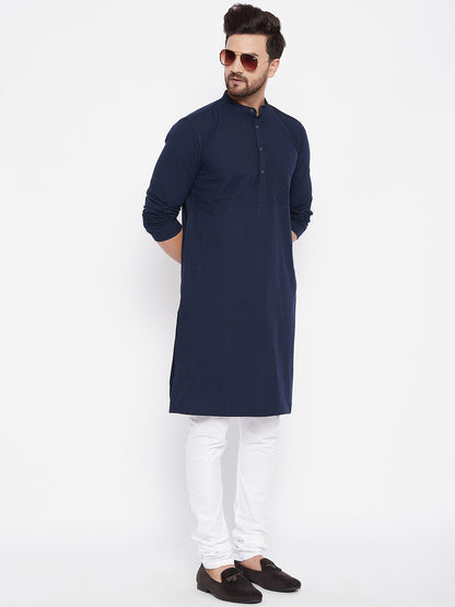 Men's Pure Cotton Self Striped Blue Kurta