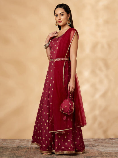 Women's Wine Printed Belt Anarkali Lehenga Set