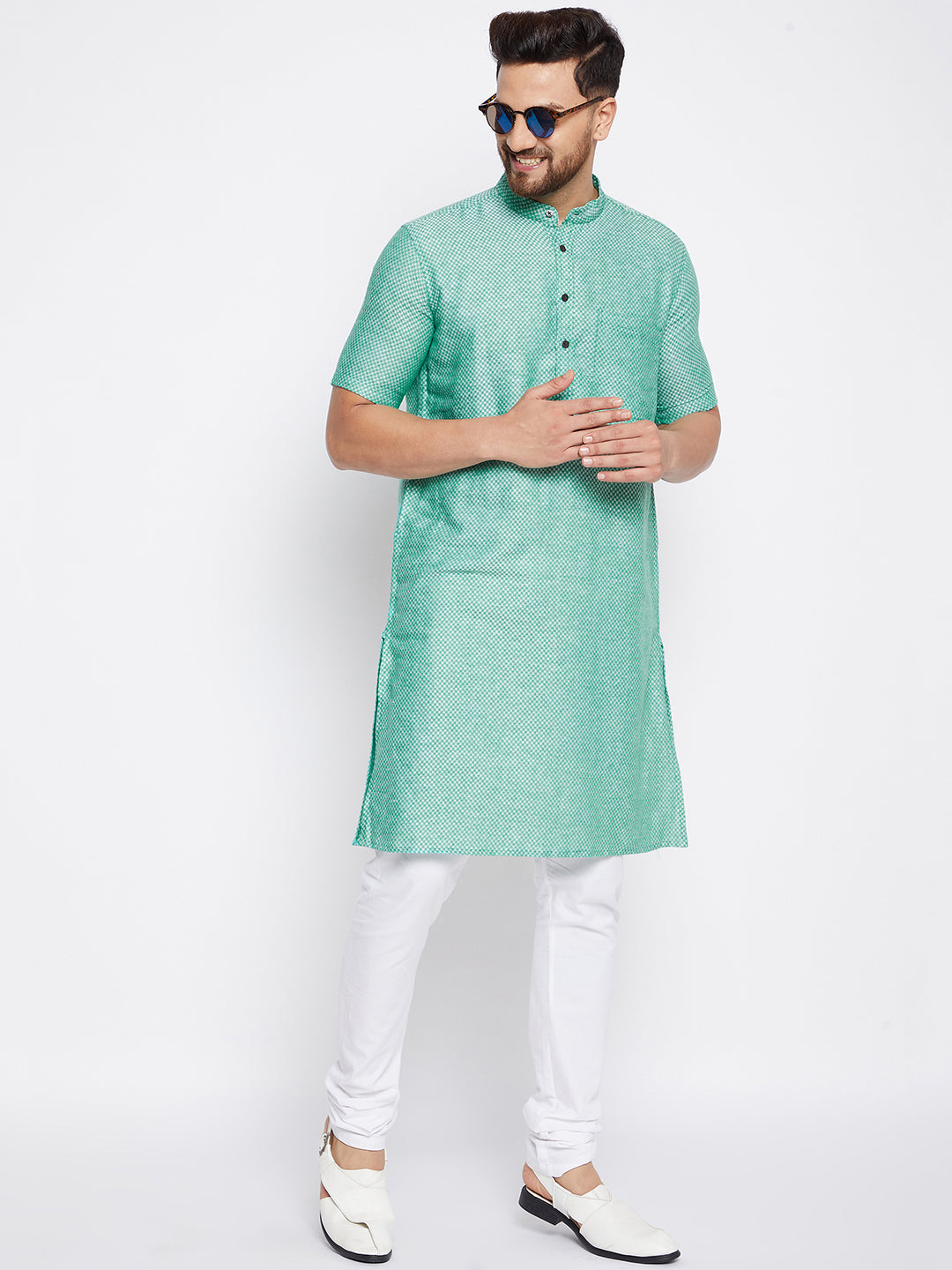 Men's Pure Cotton Striped Green Kurta