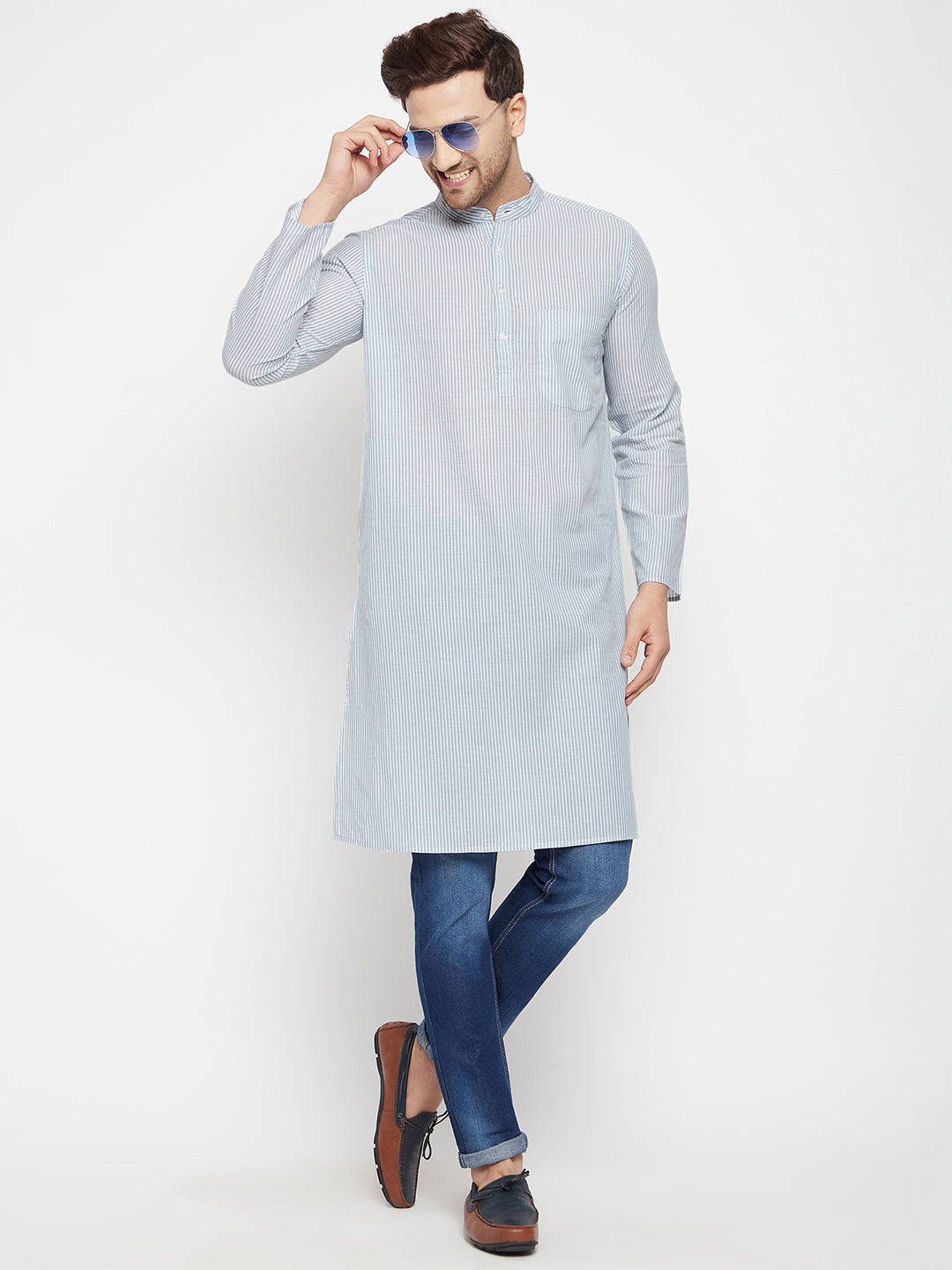 Men's Grey Color Long Kurta with Band Collar