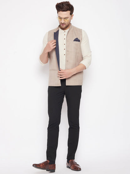 Men's Cream Color Nehru Jacket-Contrast Lining-Inbuilt Pocket Square