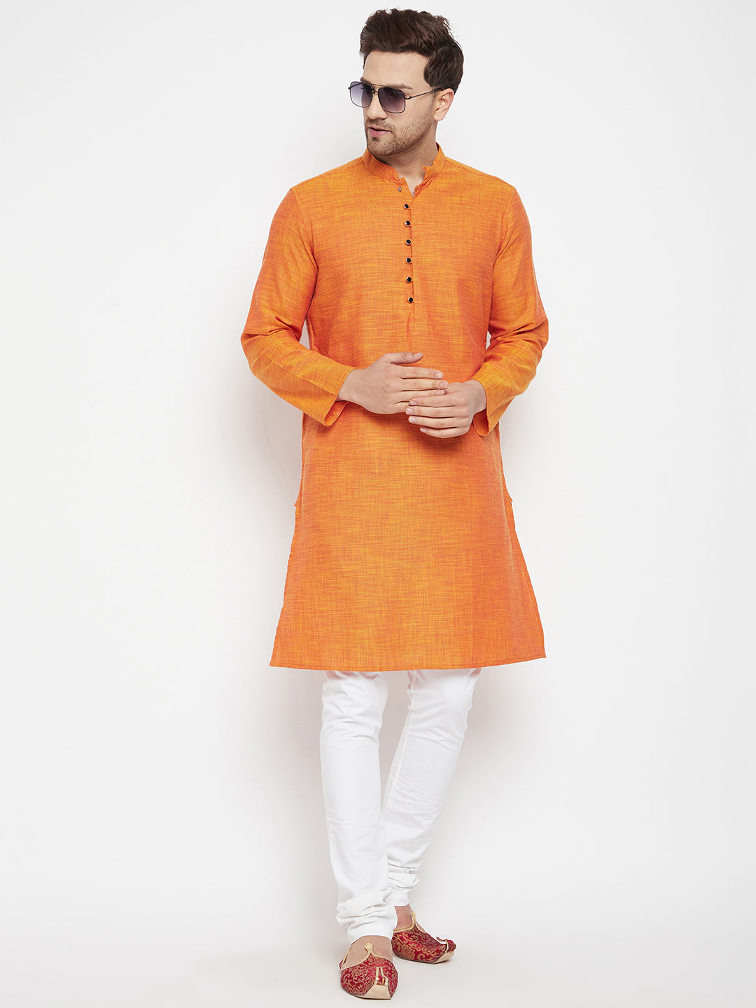 Men's Orange Color Long Kurta with Band Collar