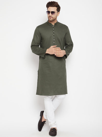 Men's Green Color Long Kurta with Band Collar