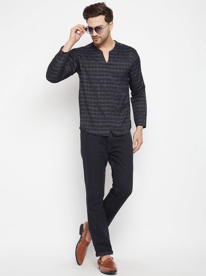 Men's Black Color Kurta with Slit Neckline