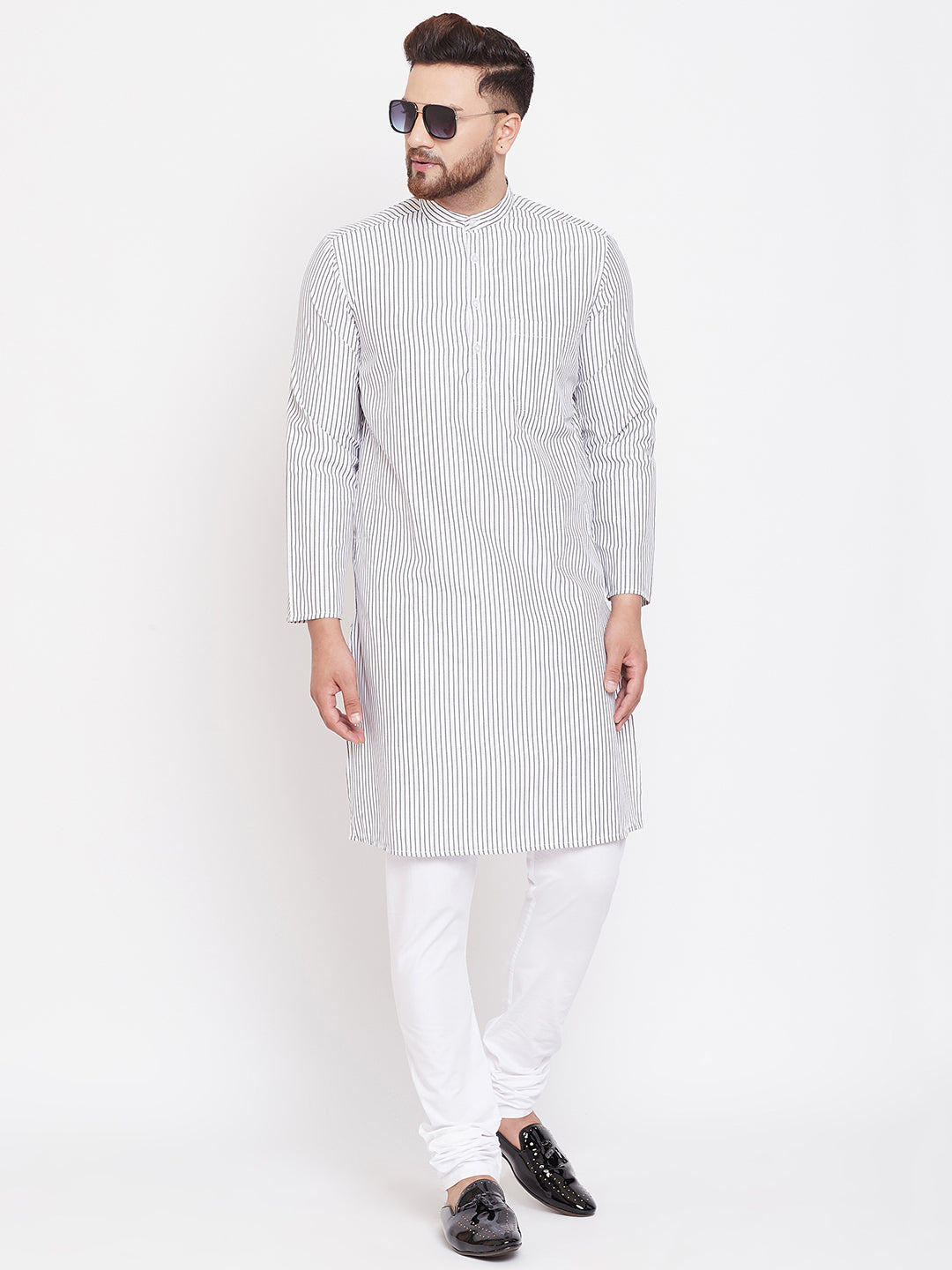 Men's Pure Cotton White Striped Kurta