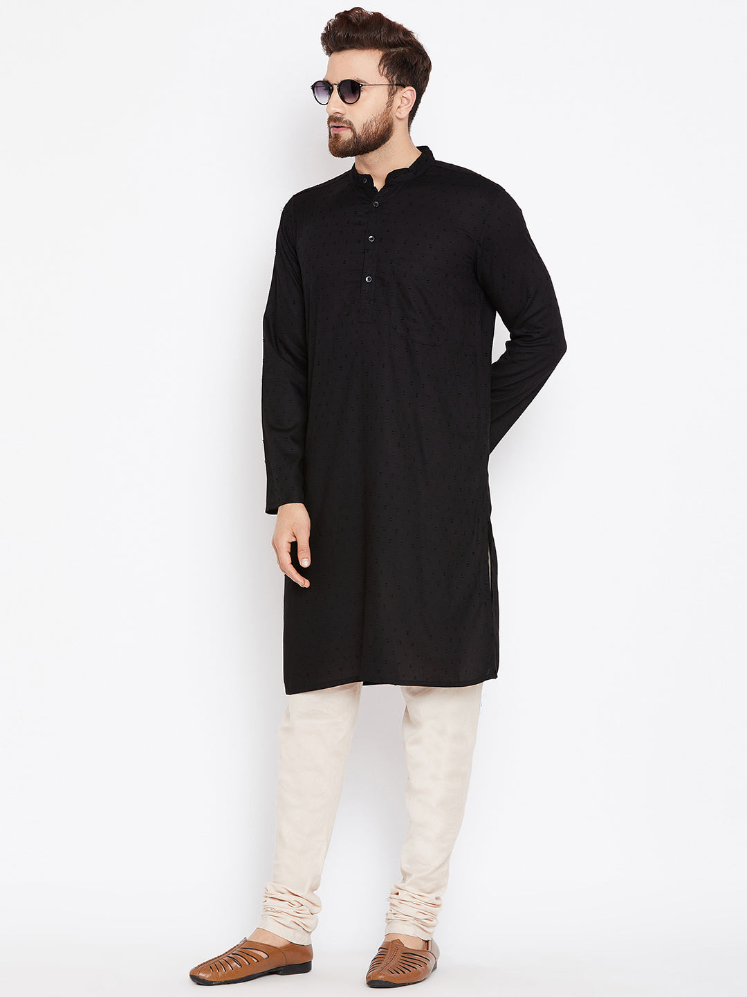 Men's Black Dobby Weave Cotton Kurta