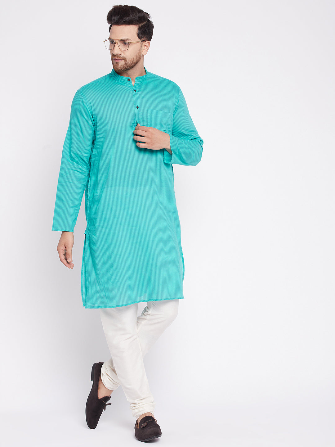 Men's Long Kurta with Band Collar -