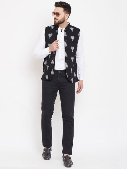 Men's Black Geometric Print Nehru Jacket