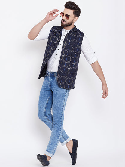 Men's Printed Navy Blue Nehru Jacket