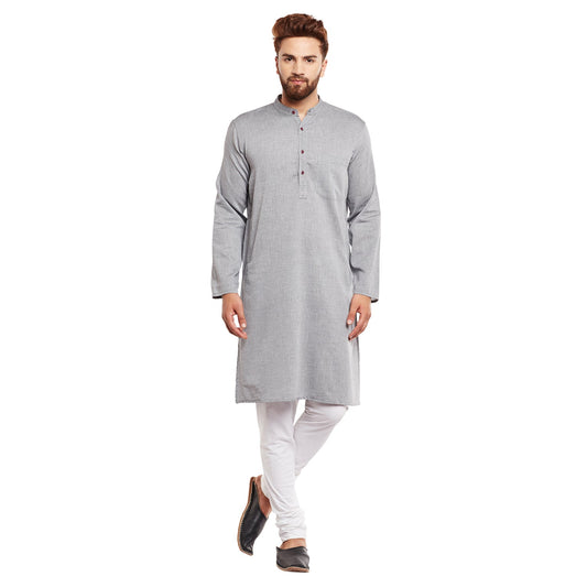 Men's Light Grey Solid Cotton Kurta