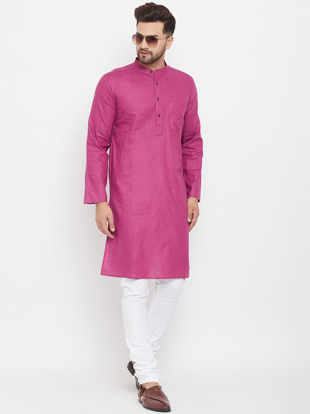 Men's Magenta Solid Cotton Kurta