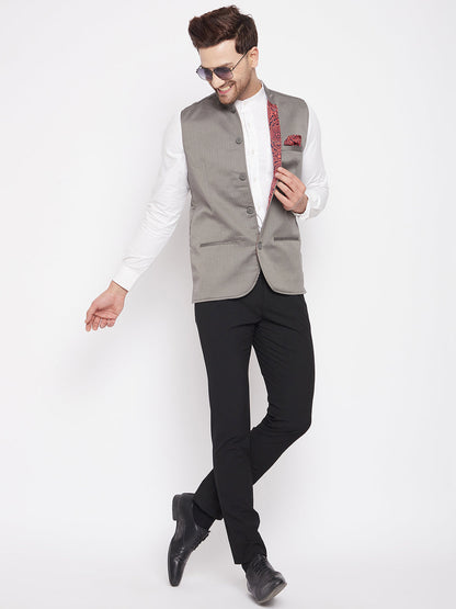 Men's Grey Color Nehru Jacket-Contrast Lining-Inbuilt Pocket Square