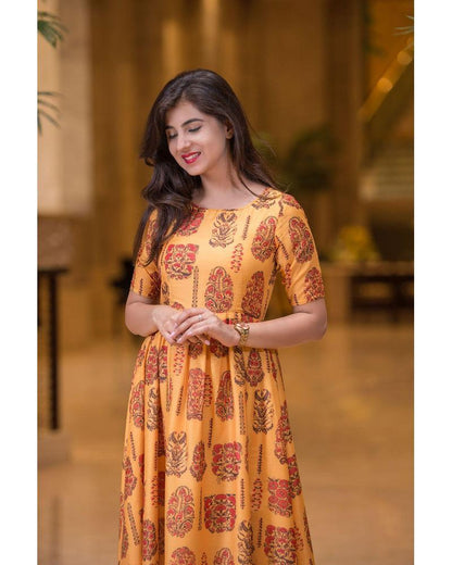 Women's Mustard Color Printed Long Kurta Dress (1pc set) - Label Shaurya Sanadhya