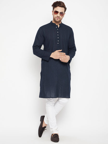 Men's Blue Color Long Kurta with Band Collar