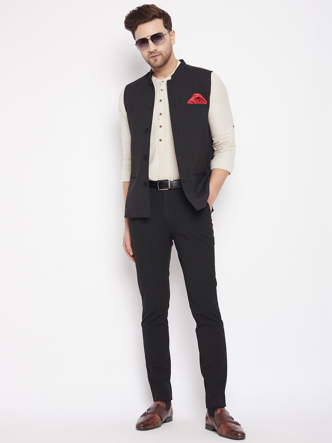 Men's Black Color Woven Nehru Jacket