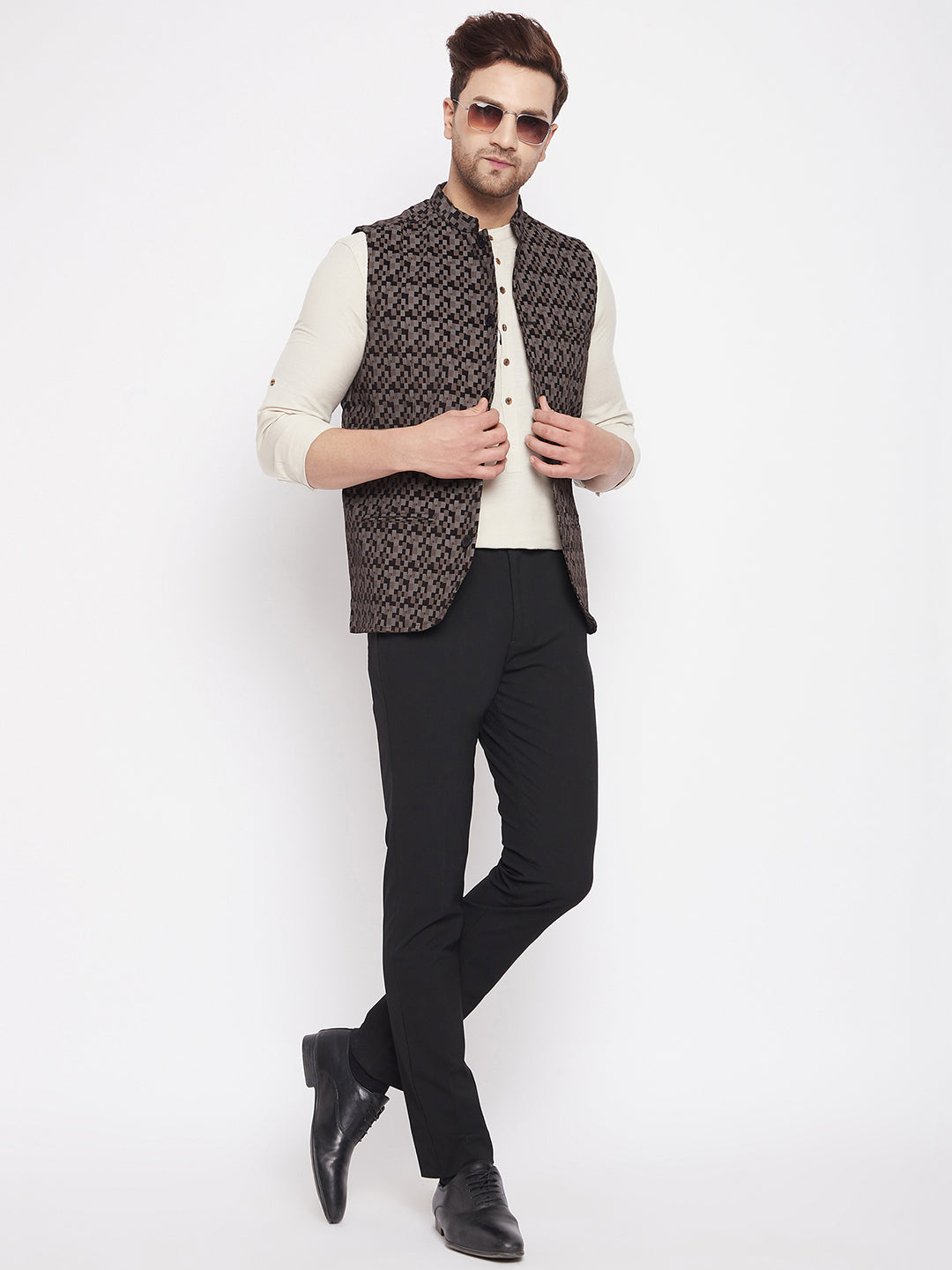 Men's Black Color Woven Nehru Jacket