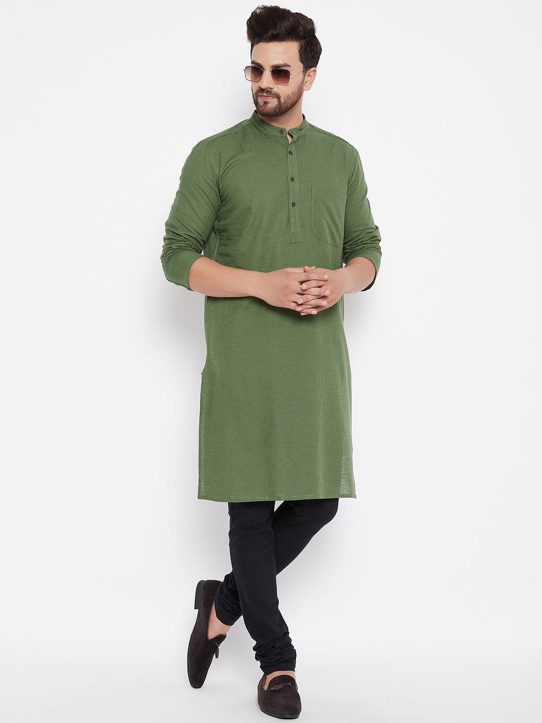 Men's Solid Linen Green Straight Kurta