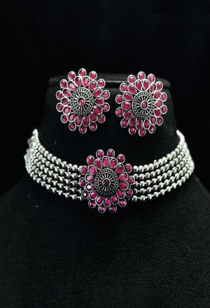 Women's Oxidised Silver-Plated Brass Finish Kundan Choker (Pink)