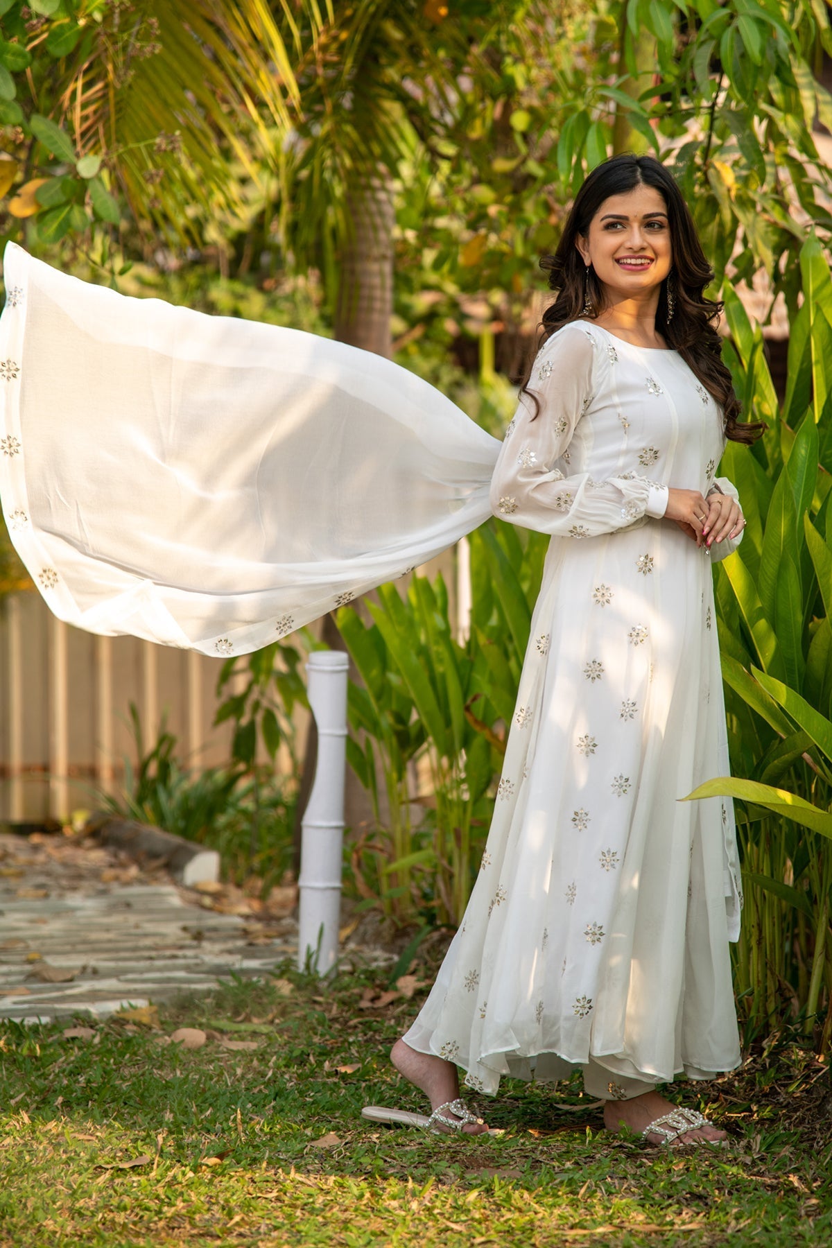 Women's White Sequin Alternate Kali Anarkali Set - Label Shaurya Sanadhya