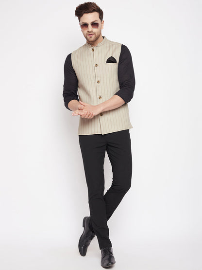 Men's Beige Color Woven Nehru Jacket