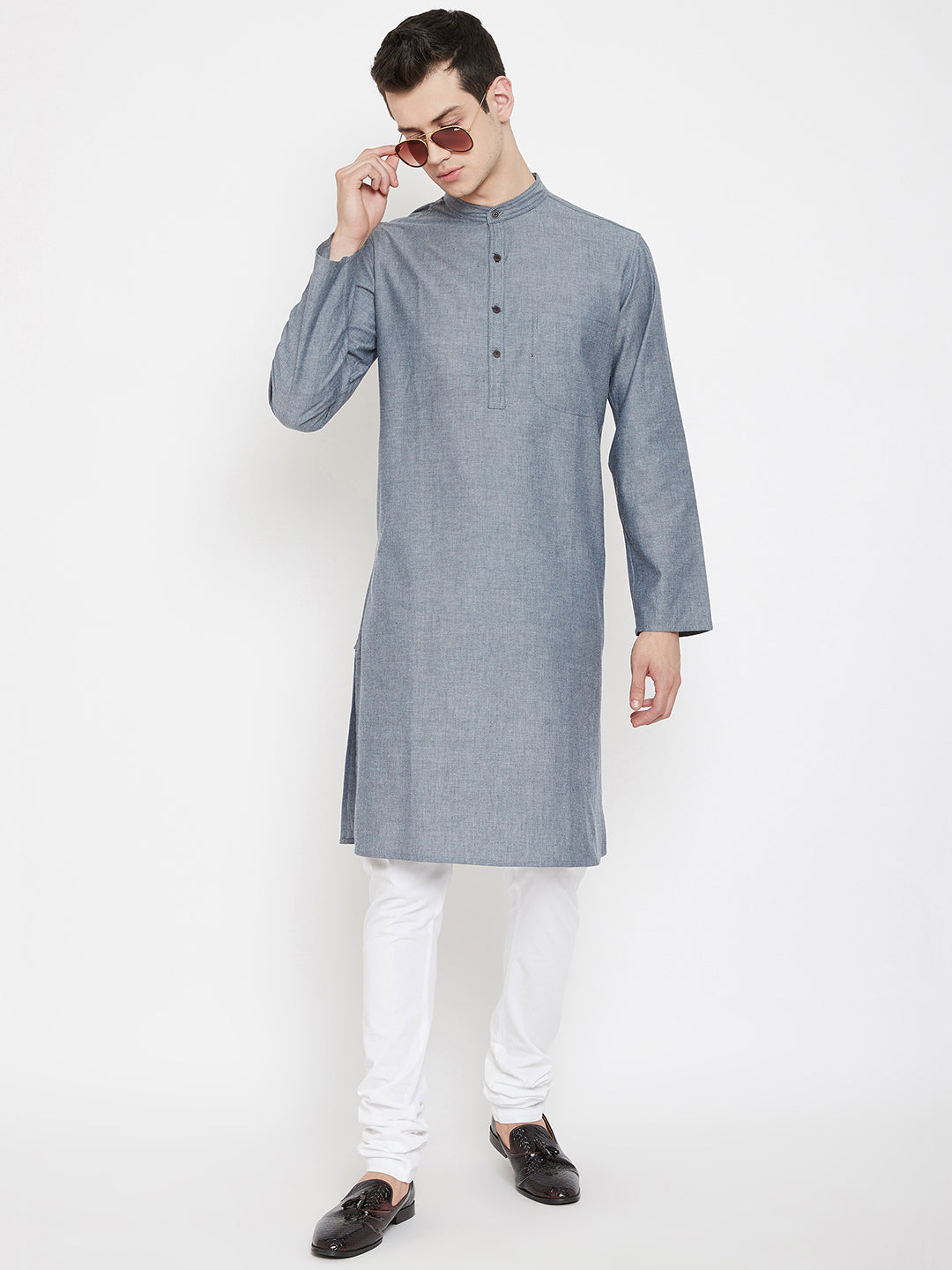 Men's Grey Woven Design Straight  Kurta